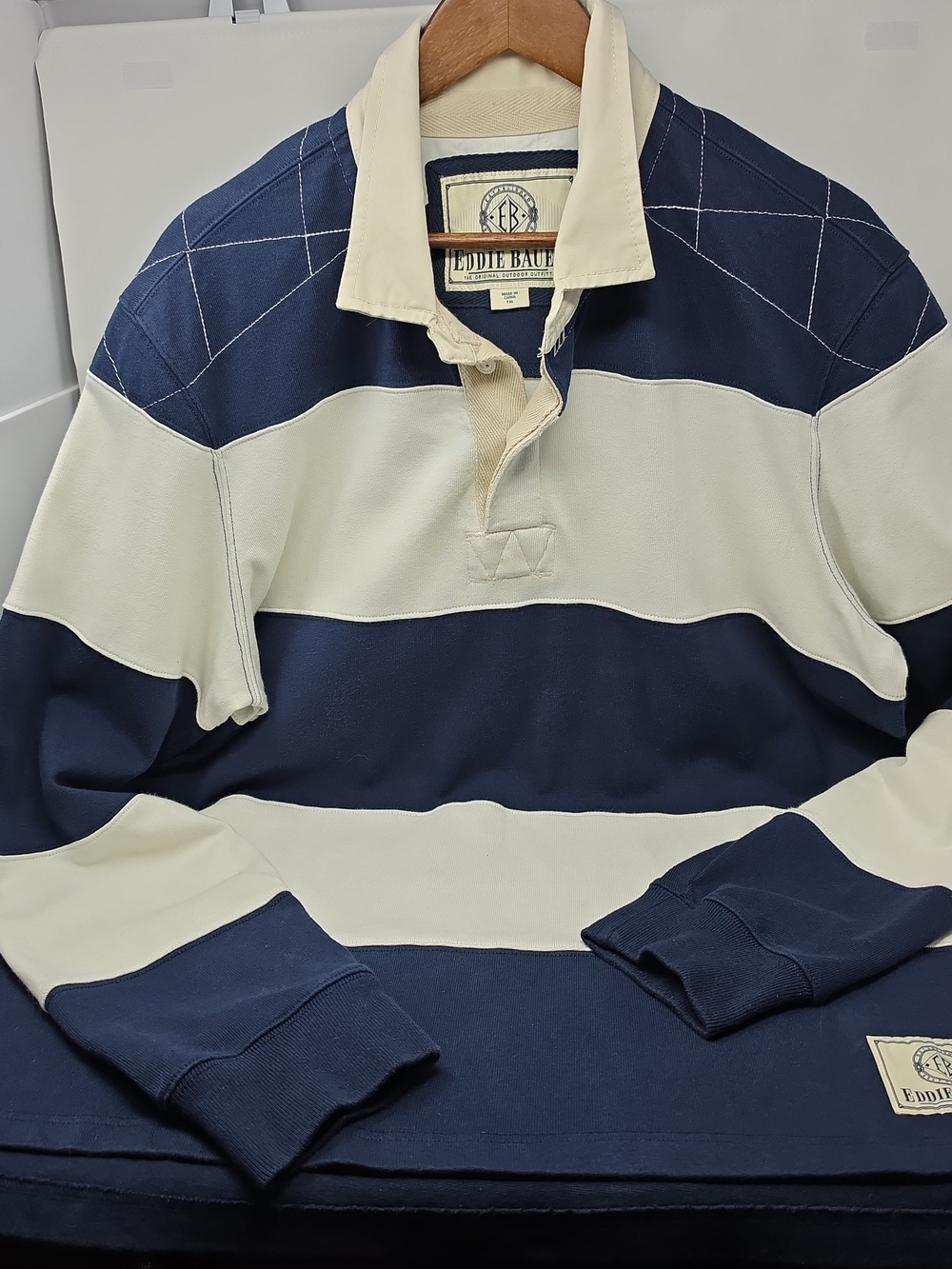 Eddie Bauer Men’s Navy and Cream Rugby Stripe Long-Sleeve Shirt